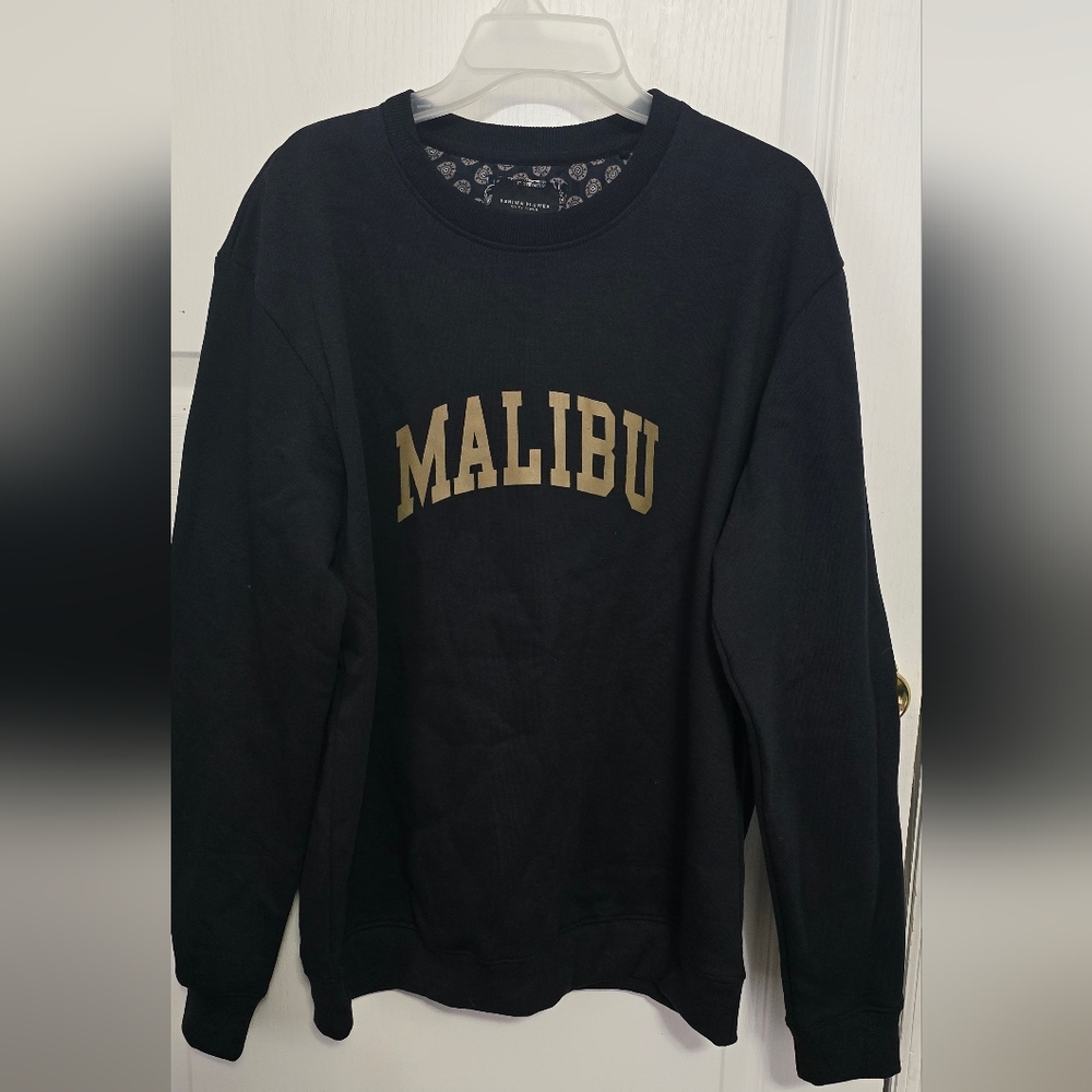 Denim & Flower Black Crewneck Sweater with Gold Malibu Print